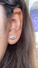 Load image into Gallery viewer, 18k Gold Filled Evil Eye Studs Crowned With Stones and Mini Lashes
