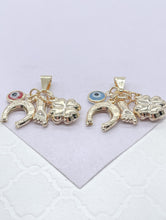 Load image into Gallery viewer, 18k Gold Filled Figa Hand Charm: Clover, Horseshoe, Evil Eye Pendant

