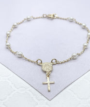 Load image into Gallery viewer, 18k Gold Filled Pearl Rosary Bracelet: Virgin Mary Crucifix Charm
