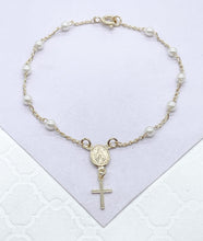 Load image into Gallery viewer, 18k Dainty Gold Filled Beaded Pearl Satellite Rosary Bracelet with Virgin Mary and Crucifix Charm
