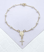Load image into Gallery viewer, 18k Gold Filled Pearl Rosary Bracelet: Virgin Mary Crucifix Charm
