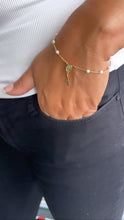 Load image into Gallery viewer, 18k Dainty Gold Filled Beaded Pearl Satellite Rosary Bracelet with Virgin Mary and Crucifix Charm
