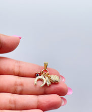 Load image into Gallery viewer, 18k Gold Filled Figa Hand Charm: Clover, Horseshoe, Evil Eye Pendant
