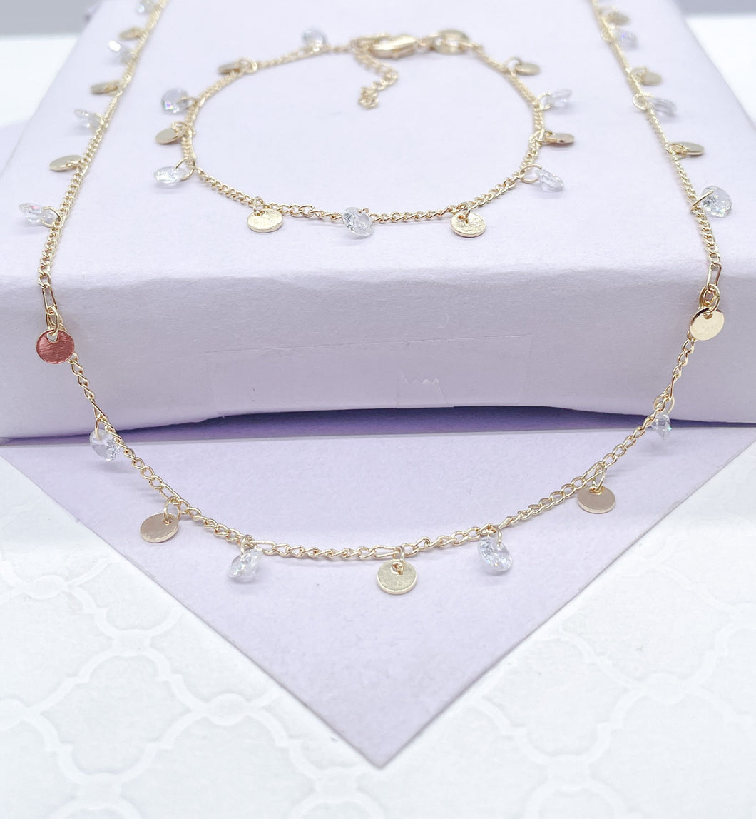 18k Gold Filled Dainty Curb Link Choker Set With Small CZ Flat Beaded Charms Dangling, For Her, Summer Jewlery, Bridal Jewlery
