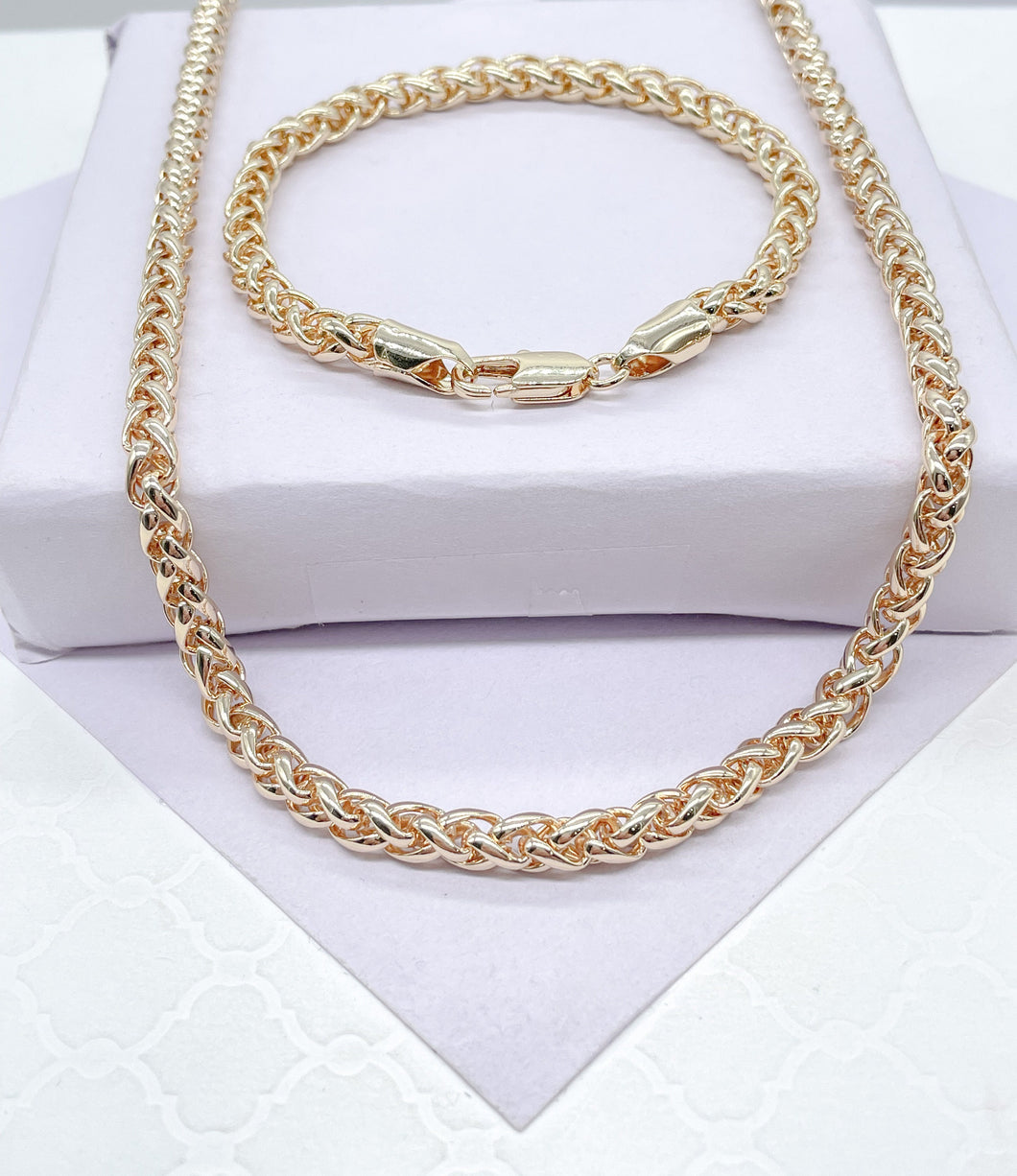 18K Gold Filled Unique Link 5mm Thick Braided Wheat Link Set, Statement Piece, Simple Jewlery, Sold Separate Or Together