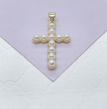 Load image into Gallery viewer, 18k Gold Filled Beaded Faux Pearl Cross, Available In 2 Sizes

