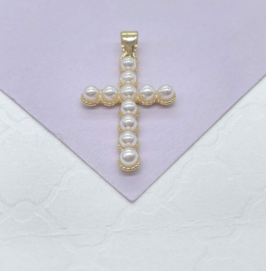 18k Gold Filled Beaded Faux Pearl Cross, Available In 2 Sizes