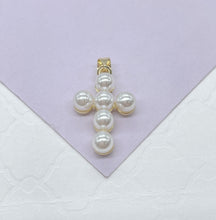 Load image into Gallery viewer, 18k Gold Filled Beaded Faux Pearl Cross, Available In 2 Sizes
