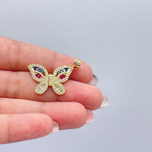 Load image into Gallery viewer, 18k Gold Filled Colorful Butterfly Pendant with Colorful Baguette Stones and White Pave
