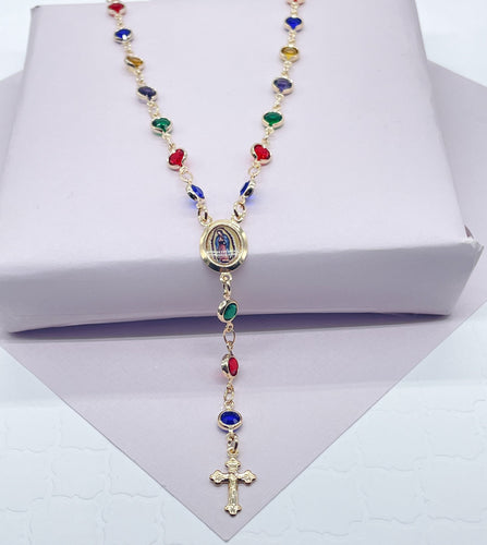 18k Gold Filled Small Round Colorful Rosary Necklace, Multicolor Fashion Baby Jesus Medal