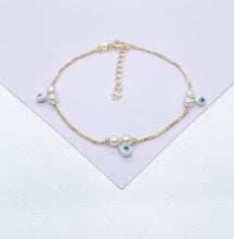 Load image into Gallery viewer, 18k Gold Filled Simple Dainty Pearl Bracelet With Dangling Blue Evil Eye Charms
