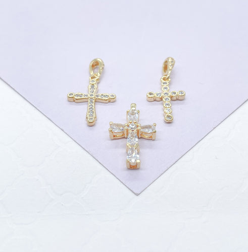 18k Gold Filled Dainty 3 Style CZ Cross, Beveled Stones, Pear Cut Stones & cz Pave Style Cross