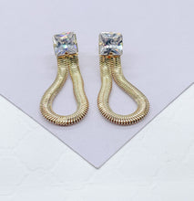 Load image into Gallery viewer, 18k Gold Filled 8.5mm Cubic Zirconia Square Stud Earrings With Dangling Smooth Snake Link, Princess Cut Square Studs,
