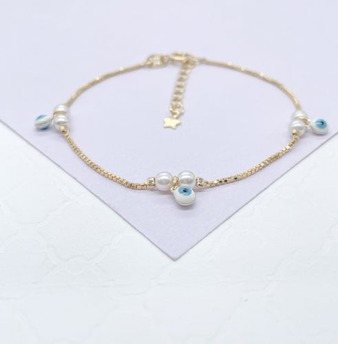 18k Gold Filled Simple Dainty Pearl Bracelet With Dangling Blue Evil Eye Charms