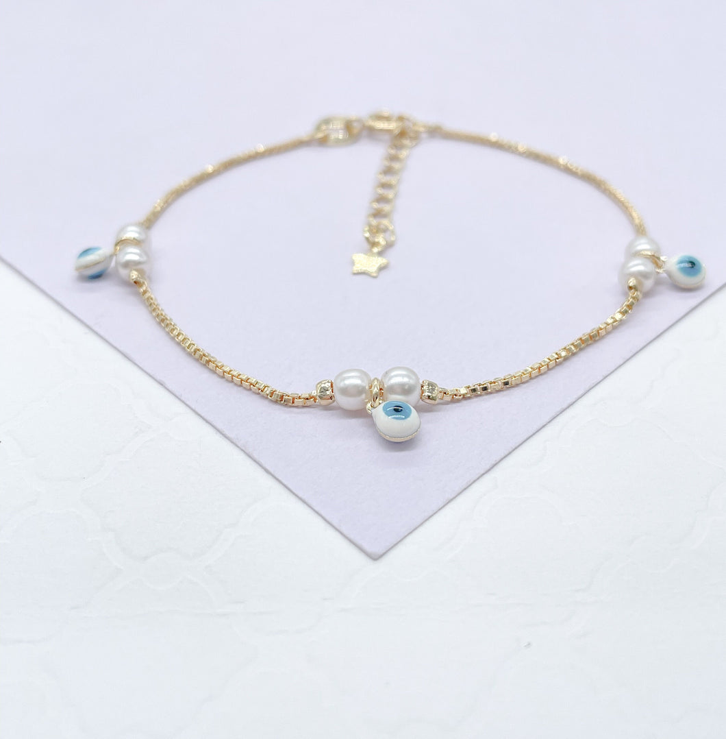 18k Gold Filled Simple Dainty Pearl Bracelet With Dangling Blue Evil Eye Charms