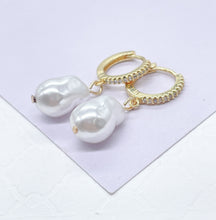 Load image into Gallery viewer, 18k Gold Filled Dangling Baroque Pearl With Pave Hoop Earring
