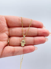 Load image into Gallery viewer, 18k Gold Filled Mini Hamsa Pendant: Royal Blue Evil Eye, CZ Stones
