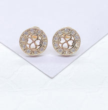 Load image into Gallery viewer, 18k Gold Filled Round Dainty Crowned Pave Four Leaf Clover Stud Earring
