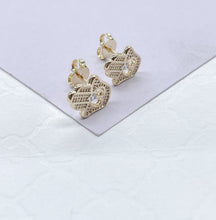 Load image into Gallery viewer, 18k Gold Filled Plain Textured Hamsa Hand Stud Earring With Heart Center &amp; CZ Center, Hamsa Jewlery, Protection Jewlery, Dainty Studs
