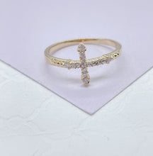 Load image into Gallery viewer, 18k Gold Filled Mid Beaded CZ Cross Ring, Cross Jewlery, Dainty Ring
