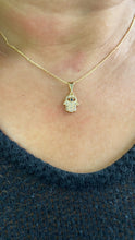 Load image into Gallery viewer, 18k Gold Filled Mini Hamsa Pendant: Royal Blue Evil Eye, CZ Stones
