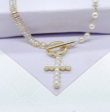 Load image into Gallery viewer, 18k Gold Filled Half Baguette Tennis &amp; Half Pearl Necklace Chain Choker

