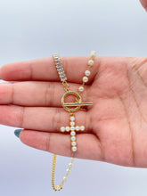 Load image into Gallery viewer, 18k Gold Filled Half Baguette Tennis &amp; Half Pearl Necklace Chain Choker
