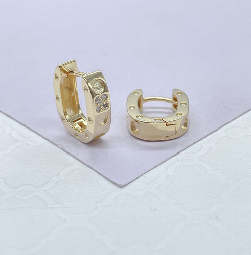 18k Gold Filled Round Small Huggie Hoop Engraved Screws with Beveled Mirco CZ