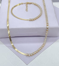 Load image into Gallery viewer, 18k Gold Filled Simple Thin 3mm Half Herringbone and Tennis Chain Choker Set, Birthday Gift, Gifts For her, Dainty Set, Dainty Chokers
