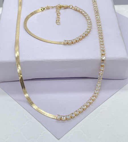 18k Gold Filled Simple Thin 3mm Half Herringbone and Tennis Chain Choker Set, Birthday Gift, Gifts For her, Dainty Set, Dainty Chokers