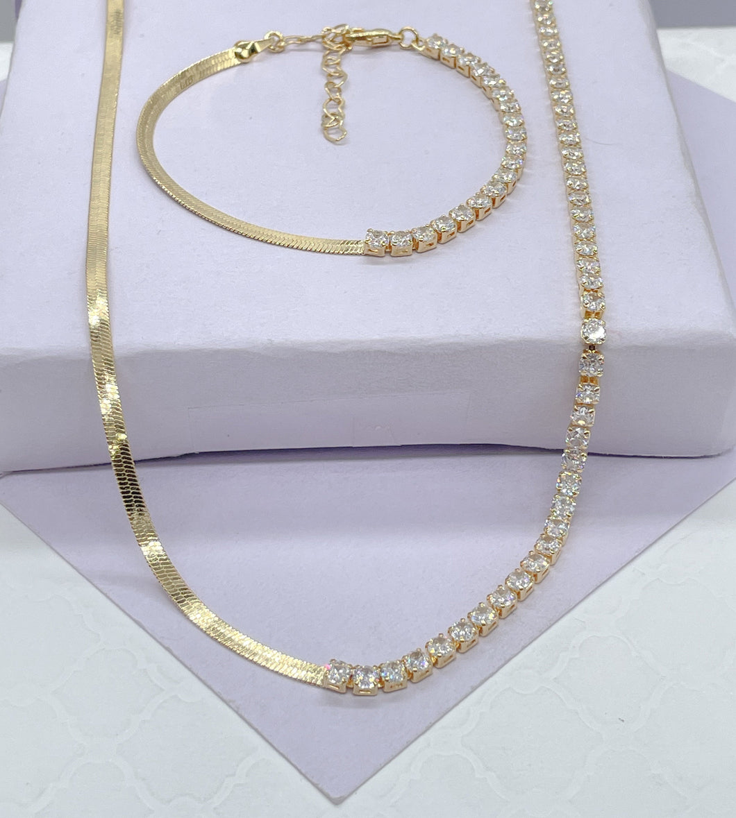 18k Gold Filled Simple Thin 3mm Half Herringbone and Tennis Chain Choker Set, Birthday Gift, Gifts For her, Dainty Set, Dainty Chokers