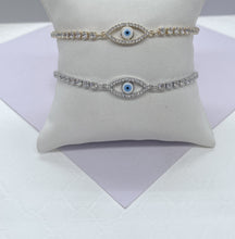 Load image into Gallery viewer, 18k Gold Filled Evil Eye Tennis Bracelet: Adjustable Slide Clasp
