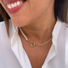 Load image into Gallery viewer, 18k Gold-Filled Custom-Made Paper Clip and Beaded Pearl Chain Choker, Statement Piece, Pearl Choker, Paperclip Choker, Gifts for her
