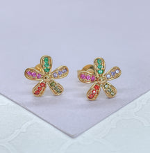 Load image into Gallery viewer, 18k Gold Filled Colorful CZ Flower Stud Earrings: Dainty Floral Studs

