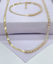 Load image into Gallery viewer, 18k Gold Filled Choker Set: Herringbone Chain &amp; Tennis Bracelet
