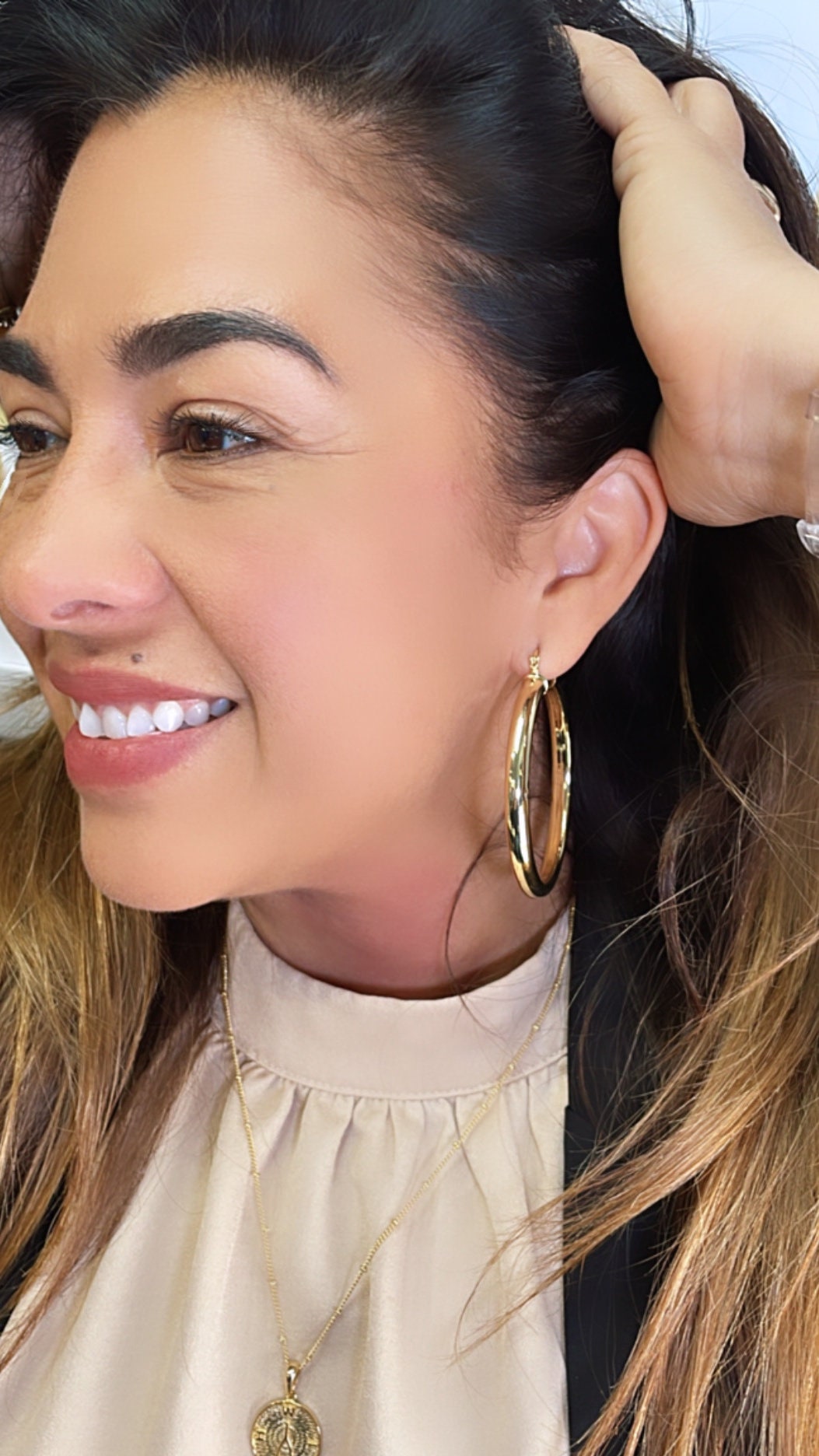 18k Gold Filled Thick Flat Inside Hoop Earrings, Plain Gold Fat