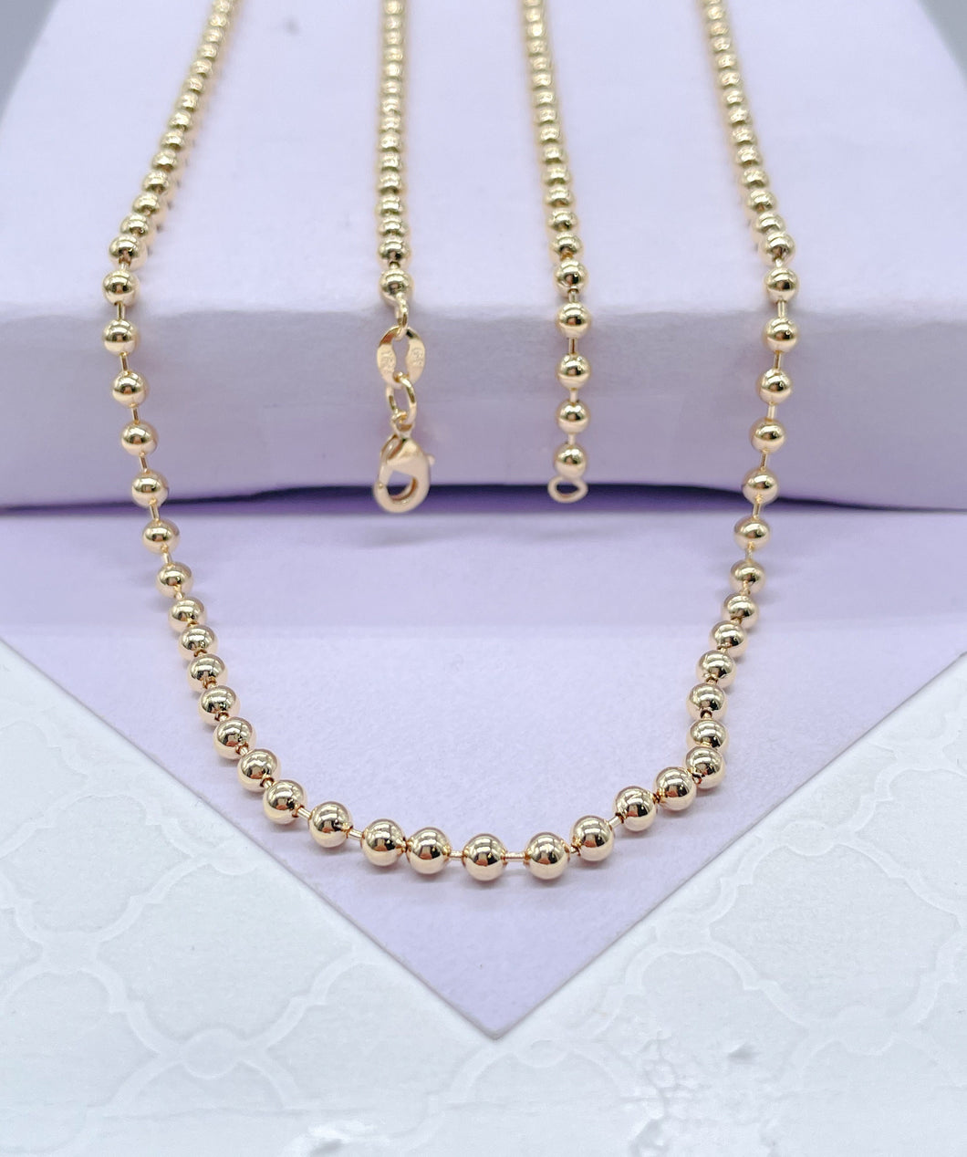 18k Gold Filled 3mm Gold Beaded Chain Extra Long Chain 28 Inch, Military Link Chains