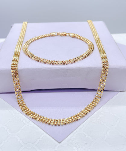 18k Gold Filled 4mm Three Rowed Beaded Necklace and Bracelet Set