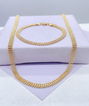 Load image into Gallery viewer, 18k Gold Filled 4mm Three Rowed Beaded Necklace and Bracelet Set
