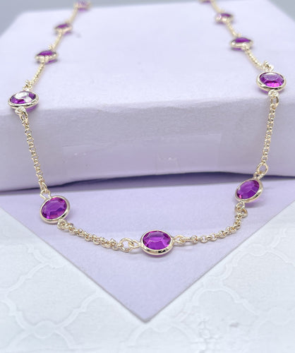 18k Gold Filled Dainty Colorful Flat Disk Stone Satellite Necklace Choker
