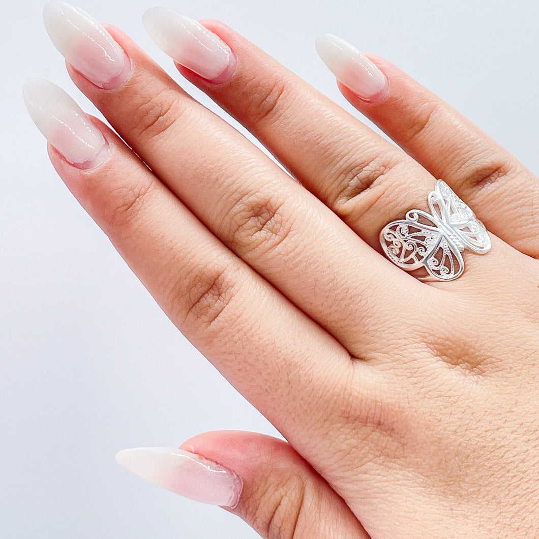 925 Sterling Silver Large Engraved Butterfly Ring