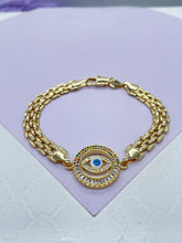 Load image into Gallery viewer, 18k Gold Filled Vintage Bismarck Link Bracelet Featuring Round colorful CZ Evil Eyes
