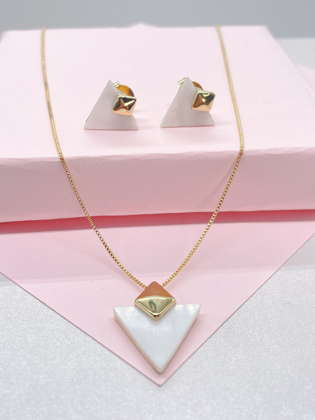 18k Gold Filled Dainty Natural Stone Triangle Shaped Necklace and Stud Set