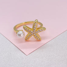 Load image into Gallery viewer, Adjustable 18k Gold Filled CZ and pearl Star-Fish Ring Dainty Jewelry
