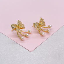 Load image into Gallery viewer, 18k Gold Filled Bow Stud Jacket Earring With Pearl Ends
