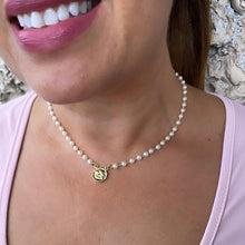 Load image into Gallery viewer, 18k Gold Filled Dainty Pearl Choker with Angle Medallion Center Piece Choker
