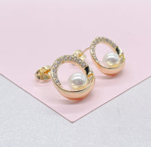 Load image into Gallery viewer, 18k Gold Filled Dainty Gold Studs, Crowned with CZ Stones and Pearl Center Piece
