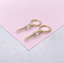 Load image into Gallery viewer, 18k Gold Filled Dangling Spear Charm Earring With Baguette Cut and Micro CZ
