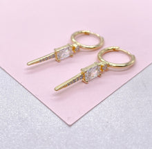 Load image into Gallery viewer, 18k Gold Filled Dangling Spear Charm Earring With Baguette Cut and Micro CZ
