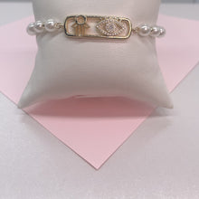 Load image into Gallery viewer, 18k Gold Filled Adjustable Hamsa and Evil Eye Pearl Bracelet
